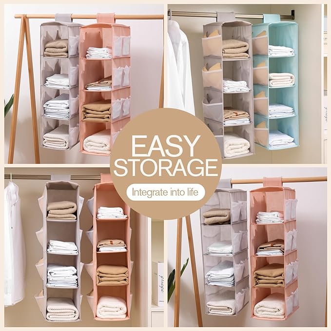 Hanging Closet Organizer, 4-Section Storage Shelves, Oxford Cloth with Mesh Pockets, (Pink, 2 Section)