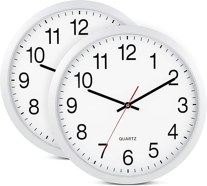 Bernhard Products White Wall Clocks, 2 Pack Silent Non Ticking - 16 Inch Extra Large Quality Quartz Battery Operated Round Easy to Read Home/Office/Business/Kitchen/Classroom/School Clock, Black Hands