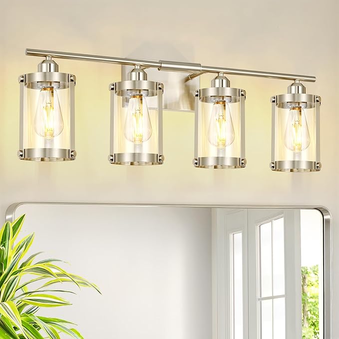 4-Light Brushed Nickel Bathroom Light Fixtures, 29 Inch Modern Bathroom Vanity Lighting Fixtures Over Mirror with Clear Glass and Metal Cage Wall Sconce Lights for Bath, E26, OS-3014BN-4W