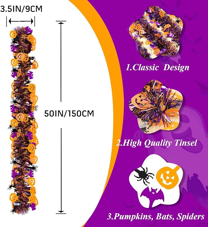 Halloween Garland Decorations,50Ft Glitter Tinsel Pumpkin Bats Spider Garland Decor for Tree Car Golf Cart Parade Float Indoor Outdoor Holiday Home Burnt Orange Black Purple (Purple)