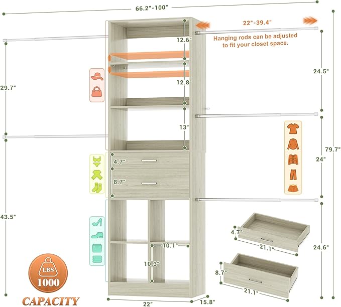 Closet System, 4-8 FT Closet Organizer Systems with 2 Wooden Drawers and 5 Hanging Rods, Can Fit 60 to 96 inch Walk-in Closet System, Greige Oak