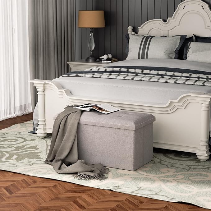 MoNiBloom 30 Inches Storage Ottoman Bench, Rectangle End of Bed Bench, Storage Padded Seat, Linen Fabric Ottoman Footrest for Living Room, Bedroom, Entryway, Sandy Beige