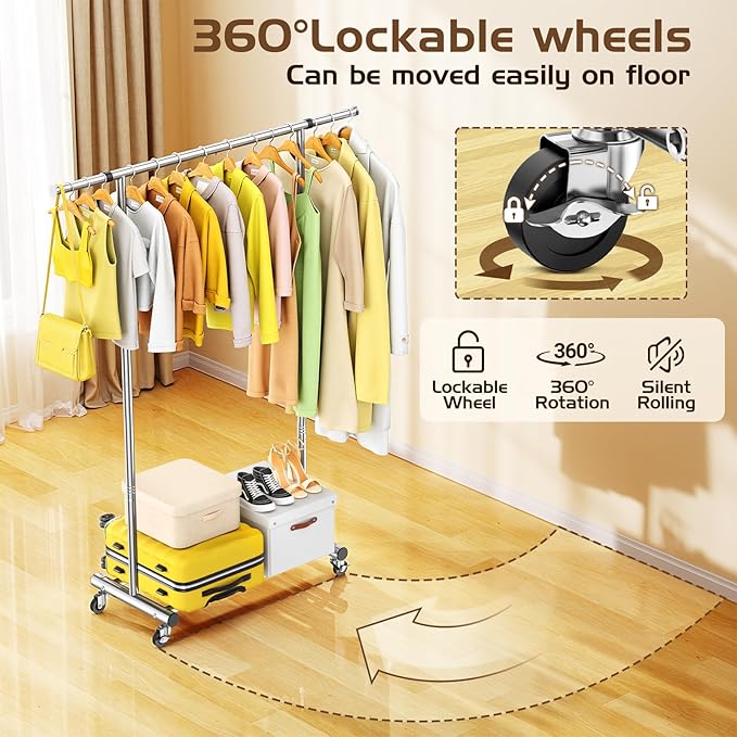 Clothes Rack for Hanging Clothes, 100% Stainless Steel Clothes Garment, Portable Sturdy Clothes Rack, Extendable Rolling Garment Rack with Wheels, Freestanding Laundry Room Bedroom Dress Shirt Jacket