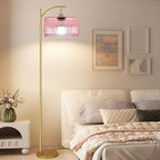 Pink Floor Lamp for Living Room,Bedroom,Gold Dimmable Standing Lamp with Remote,Mid Century Modern Brass Tall Lamp Boho Floor Lamps Arc Stained Glass Flower Floor Light Lamp Girls kids Bohemian
