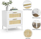 Giluta White nightstands Set of 2, Farmhouse Rattan Night Stand with 2 Drawers, 2 Rattan Drawers, Boho Bedside Table End Table for Small Space, Bedroom