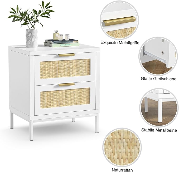 Giluta White nightstands Set of 2, Farmhouse Rattan Night Stand with 2 Drawers, 2 Rattan Drawers, Boho Bedside Table End Table for Small Space, Bedroom