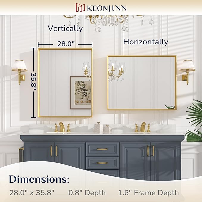 Keonjinn Gold Bathroom Vanity Mirror 28” x 36” Rectangular Wall Mirror Brushed Metal Frame Rectangle Bathroom Mirror for Over Sink Modern Farmhouse Square Corner Framed Mirror(Horizontal/Vertical)