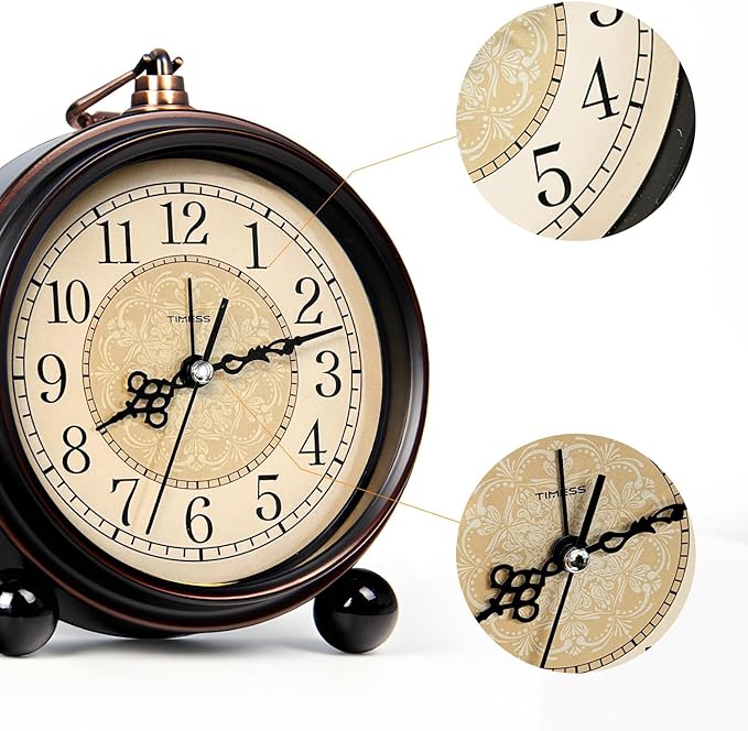 Vintage Analog Alarm Clock, 4.3" Silent Non-Ticking Quartz Desk Clock, Battery Operated Table Clock for Bedroom, Living Room, Office, or Gift