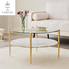 Round Coffee Table for Living Room, Mid-Century Modern Design, D30 x H17, 2-Tier Structure, Clear Glass Top and White Marble Finish Wood Shelf, Sleek Conical Metal Legs with Gold Finish Frame