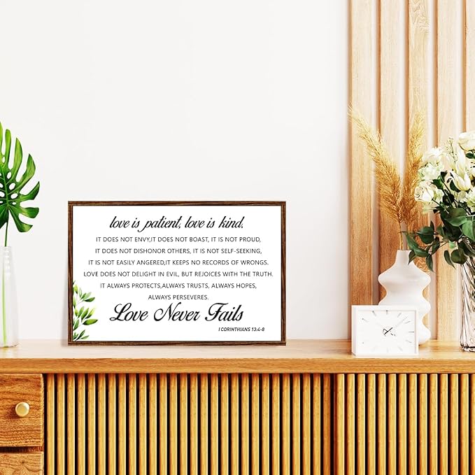I Corinthians 13:4-8, Love is Patient Love is Kind Wood Sign, Scripture Wall Art Decor for Living Room, Religious Signs for Home, Positive Bible Verse Wooden Plaque