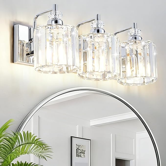 3-Light Modern Bathroom Light Fixture Chrome Bathroom Vanity Lights Over Mirror Wall Sconce Lighting with K9 Crystal Shades E26 Base for Bedroom, Living Room, Hallway, Cabinet Wall Lamp