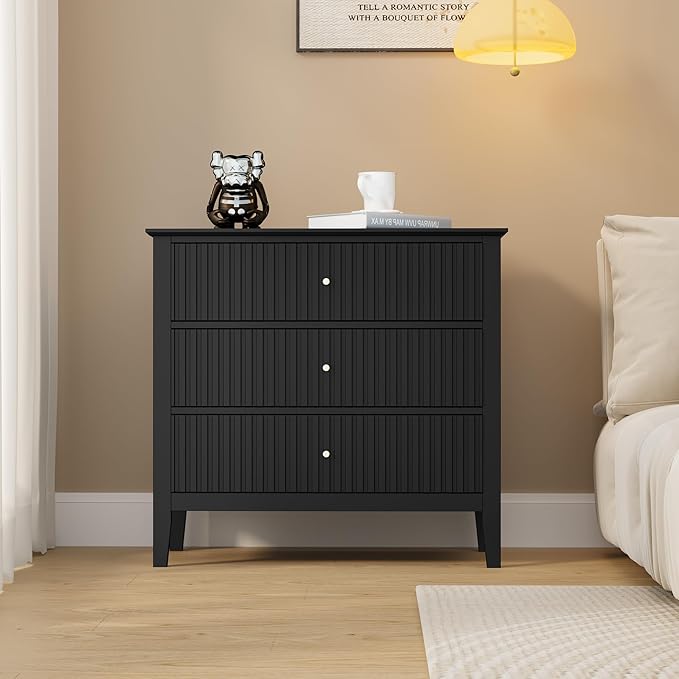 Large Black Fluted 3 Drawer Dresser, Modern 30 Inch Tall Wood Side Unit with Ball Bearing Slides, Wide Accent Furniture with Spacious Compartments for Bedroom Hallway Living Room Entryway