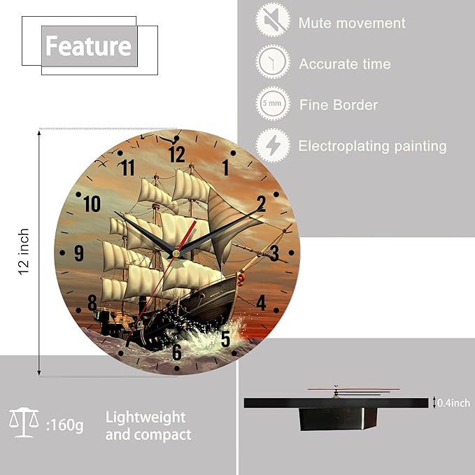 SPUNKER Clock for Bedroom,Vintage Ship Sailing Wall Clocks for Living Room Decor,Sea Ocean Kitchen Clocks Wall Battery Operated - 10 Inch Round Bathroom Wall Clock Silent Non-Ticking