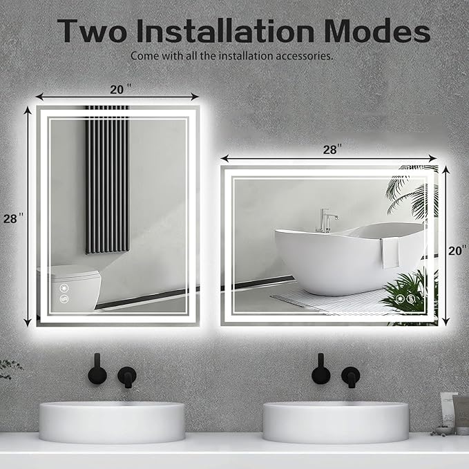 2Pack 20“ x 28” LED Mirror for Bathroom LED Bathroom Mirror Anti-Fog Dimmable 3 Colors Bathroom Mirror with Lights Smart Mirror Memory Function Wall Mounted Horizontal/Vertical