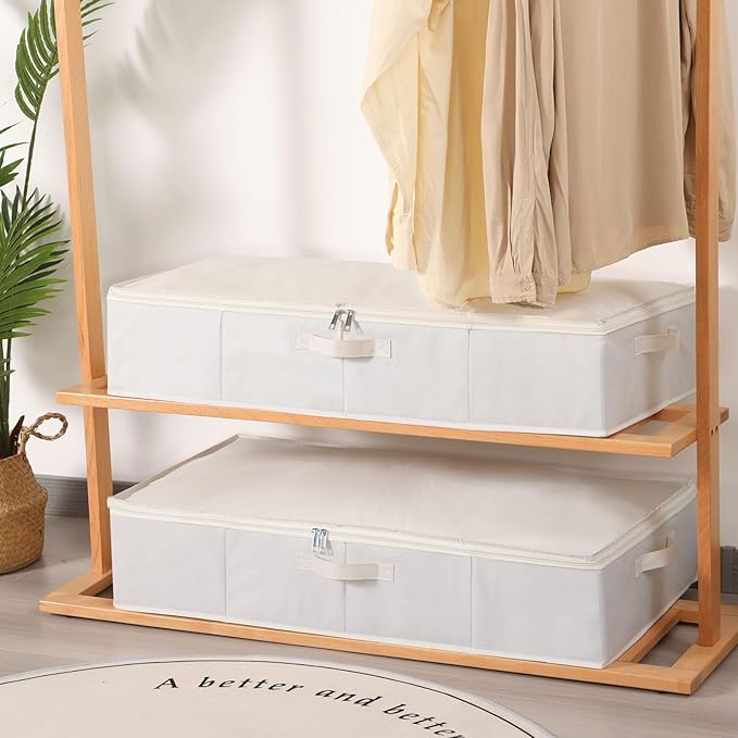 Under Bed Storage Containers, Storage Bins With Lids, Clothes Organizers for Blanket, Pillows, Shoes, Beige, 2 Pack, 23.6 x 11.8 x 5.9 Inch