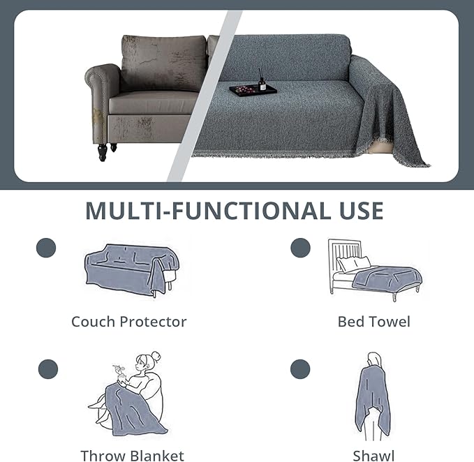 Couch Cover for Dogs, Non Slip Sofa Cover, Washable Couch Covers, 2 Cushion Sofa for Dogs Furniture Protector with Tassels Chenille Sofa Covers for Pets (Vertical Pattern Dark Gray)