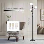 3-Globe Mid Century Black Tree Floor Lamp for Living Room,70in Tall Modern Stepless Dimmable Standing Lamp with Frosted Glass Shade for Office Bedroom, Study Room Bulbs Included(dimmer-Black)