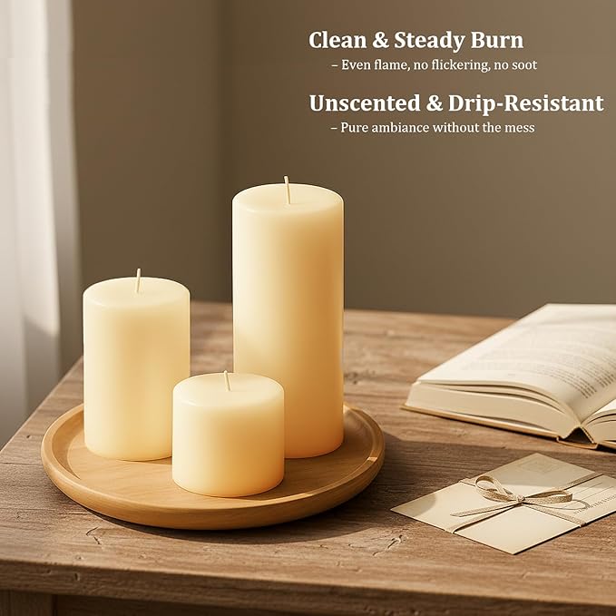 12 Pack Ivory Pillar Candles Bulk Set, 3x3/6/8 Inch - 4 Each Size, Dripless Smokeless Clean Burning for Wedding Centerpieces, Home Decor, Church, Romantic Ambiance！