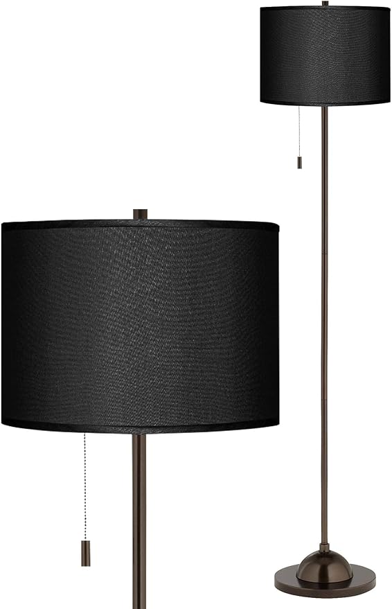 Possini Euro Design Modern Club Style Floor Lamp Standing 62" Tall Tiger Bronze Metal Black Textured Faux Silk Fabric Drum Shade Decor for Living Room Reading House Bedroom Home