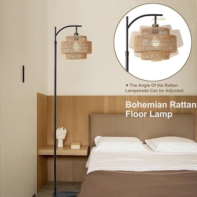 Boho Rattan Floor Lamp with Hand-Woven Wicker for Living Room,Modern 3-Tier Tall Floor Lamp with 3 Color Temperatures Remote & Dimmable 9W Bulb for Dining Room Bedroom Office Hotel(Brown)