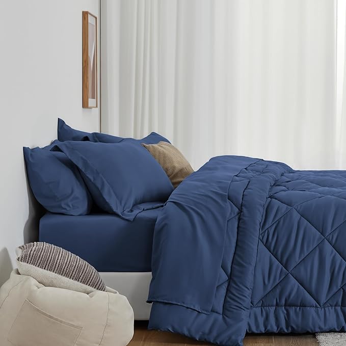 Love's cabin California King Comforter Set Dark Blue, 7 Pieces California King Bed in a Bag, All Season Bedding Sets with 1 Comforter, 1 Flat Sheet, 1 Fitted Sheet, 2 Pillowcase and 2 Pillow Sham