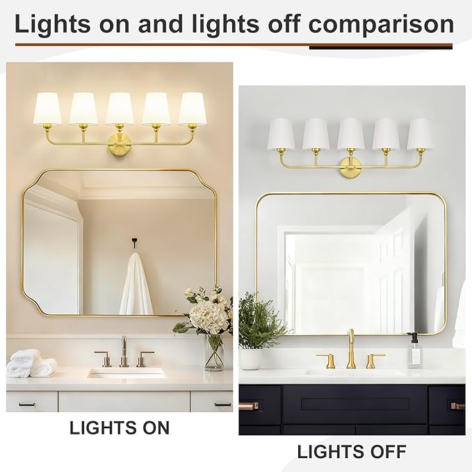 Kvhilw Bathroom Vanity Light, Brushed Gold Bathroom Light Fixtures, 5-Light Lighting Fixtures Over Miror, Modern Wall Sconce with Flared White Fabric Shade, E26 Socket(ETL Listed)