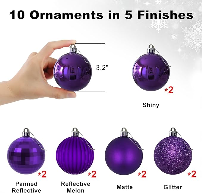 Purple 3.2" Large Christmas Balls - Christmas Tree Decoration Ornaments Shatterproof Hanging Balls for Birthday Halloween Holiday Wedding Decorations Set of 10pcs