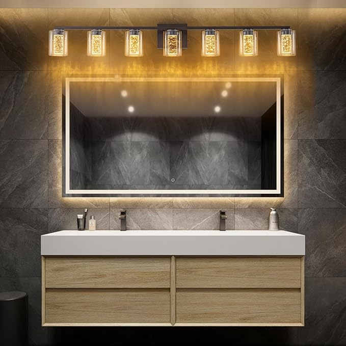 SineRise 7-Light Bronze Vanity Light with 3 Color Modes (3000K/4000K/6000K), Eye Protection LED Bathroom Light Fixture, Dimmable Modern Wall Light Over Mirror with Clear Glass Shade