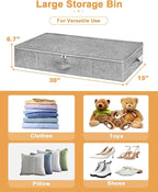 Under Bed Storage, 2 Pack Underbed Storage Container Bags With Lid, Foldable Sturdy Clothes Storage Drawer Organizer W/ 3 Handles, Ultra Thick Fabric Blanket Shoe Storage Box, 30x15x6.7inch, Grey