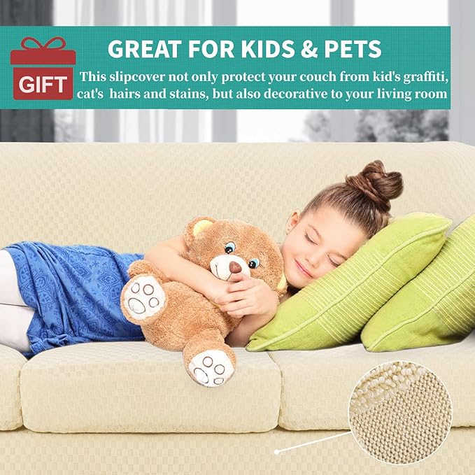 YEMYHOM Latest Checkered 4 Pieces Couch Covers for 3 Cushion Couch Extra Large High Stretch Thickened Sofa Cover for Dogs Pets Furniture Protector Sofa Slipcovers (Beige), 91"-110"(3 Cushions)