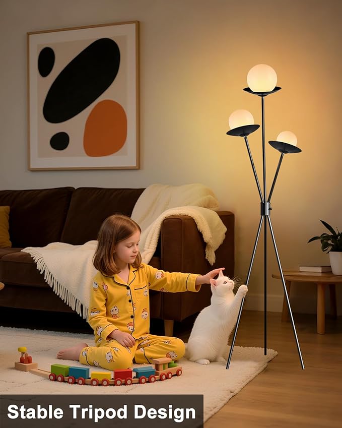 3 Globe Dimmable Tripod Floor Lamp, Mid Century Floor Lamps with 3Pcs 3000K Bulbs Included, Modern Standing Tall Lamp for Living Room Bedroom Office-Black
