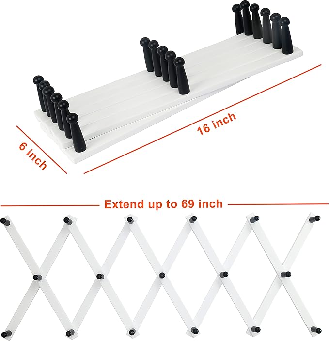 Dseap Accordian Wall Hanger: 16” High Wooden Wall Expandable Coat Rack, Hat Rack Holder, Accordion Hook for Baseball Caps, Coats, Mugs,17 Peg Hooks, White & Black