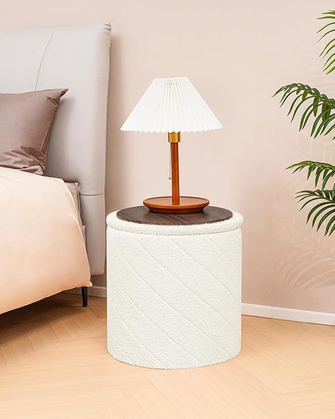 Round Boucle Storage Ottoman with Reversible Wood Tray, 17.7" Sherpa Cylinder Footrest Stool with Storage, Upholstered Folding Ottoman Coffee Table for Living Room Bedroom Dorm, White