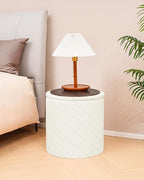 Round Boucle Storage Ottoman with Reversible Wood Tray, 17.7" Sherpa Cylinder Footrest Stool with Storage, Upholstered Folding Ottoman Coffee Table for Living Room Bedroom Dorm, White