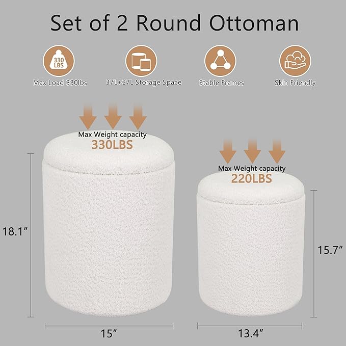 CAROLMADE Set of 2 Round Ottoman with Storage, Upholstered Vanity Stool Support 330lbs Multifunctional Coffee Table Ottoman Boucle Foot Rest Stool or Living Room Bedroom Dorm (White)