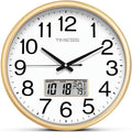 Wall Clock, 16 Inch Non-Ticking Silent Battery Operated Quartz Analog with LCD Display for Perpetual Calendar and F° Temperature, Ideal Modern Home, Bedroom, Kitchen, Office Décor (Gold)