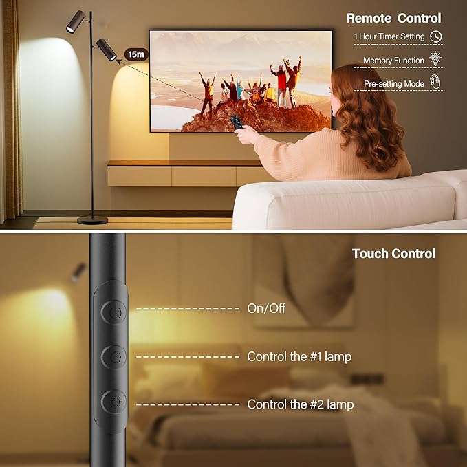 Spotlight Floor Lamp, Tall LED Standing Lamp with Remote/Touch Control, 2700K-6500K, 350°Rotating Head Standing Lamp, Reading Floor Lamp for Living Room, Bedroom, Office & Wall Art, Dual Head