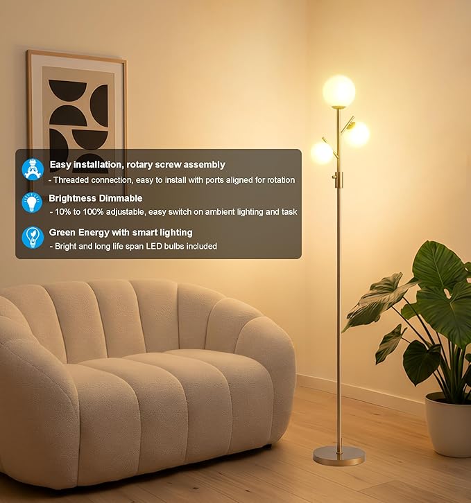 Fiqevs Upgraded Dimmable Globe Floor Lamp for Living Room, Mid Century Modern Gold Tree Floor Lamps with LED Bulbs, Elegant Standing Lamp for Bedroom Office Dining Room