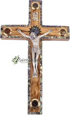 Olive Wood Wall Cross Silver Crucifix with Mother of Peral Design-Bethlehem Star on a Wooden Cross – Made in Bethlehem Holy Land The Place Where Jesus was Born by Christian Craftsmen.