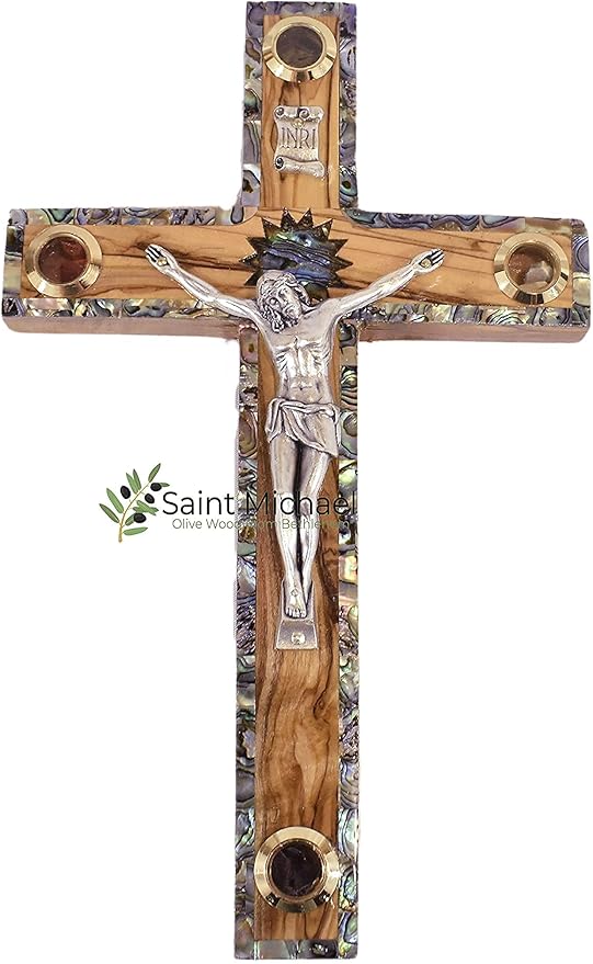 Olive Wood Wall Cross Silver Crucifix with Mother of Peral Design-Bethlehem Star on a Wooden Cross – Made in Bethlehem Holy Land The Place Where Jesus was Born by Christian Craftsmen.