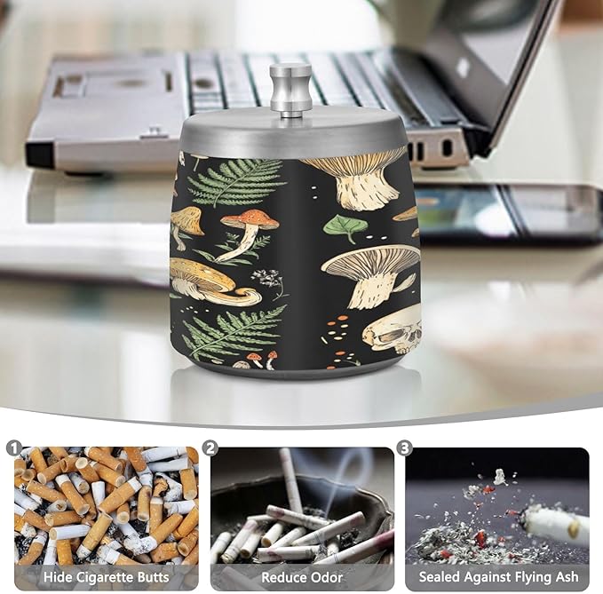 Mushrooms Skull Plants Black Ashtray with Lid, Outdoor Ashtrays for Patio, Stainless Steel Ashtray Odorless Smokeless for Home Office Balcony