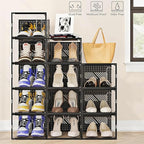 12 Packs Clear Plastic Shoebox With Magnetic Door, X-Large(15"× 13.2" × 5.6") Stackable Shoe Box Storage With Lids, Multifunctional Sneaker Containers, Toy Storage, Space-Saving Shoe Rack Black