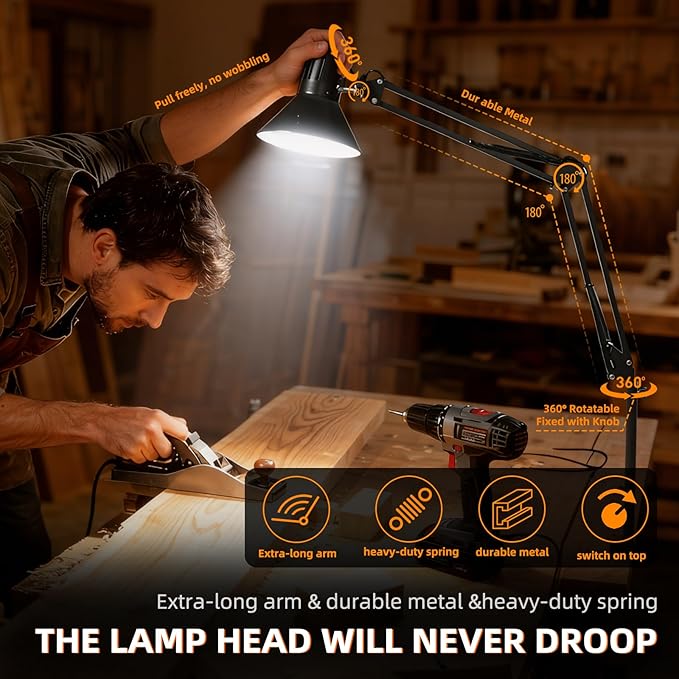 2 Pack LED Desk Lamp Dimmable with Clamp, Eye-Caring Clip on Lights for Home Office, 3 Adjustable Color Temperature, Extra Tall Metal Swing Arm, High Intensity Clamp w/A19 E26 Bulb for Working Reading