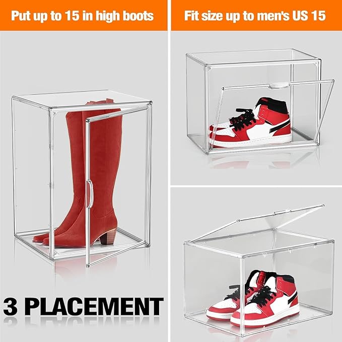 2 Pcs XX-Large Acrylic Shoe Display Case, 15.3'' x 9.8'' x 11.4'' Boot Boxes for Tall Boots Size 15 Sneaker Case Super Large Storage Boxes for Boots, Handbag, Collectibles, Books, Cosmetic
