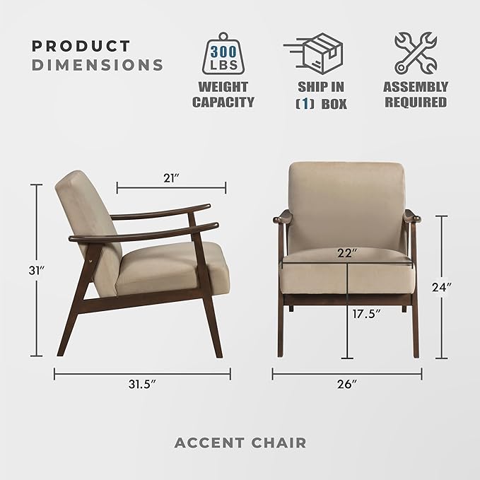 Lexicon Mid Century Modern Chair Velvet Accent Chair for Living Room Chair w/Solid Wood Armrests and Legs, Cushioned Seat and Backrest, Reading Chair and Lounge Chair for Bedrooms/Studios, Brown