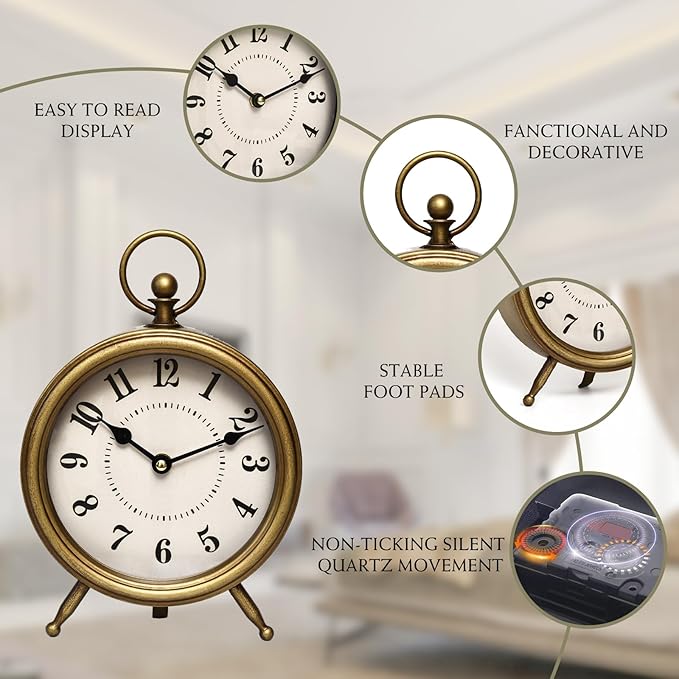 Vintage Table Clock on Stand, Decorative Desk and Shelf Clock Rustic Mantel Clock Non-Ticking, Metal Frame with Antique Gold Finish