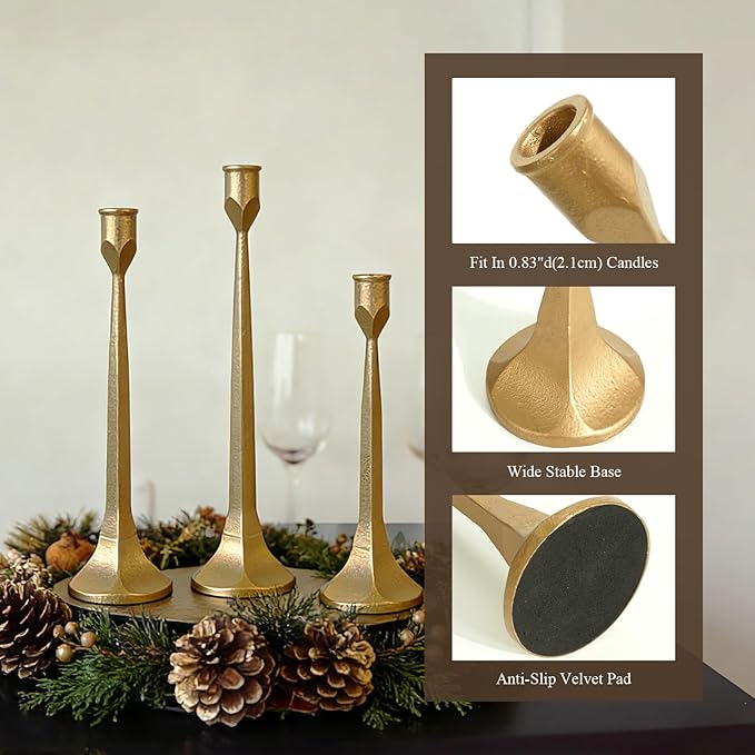 Cast Iron Tall Antique Brass Candlestick Holders Set of 3, Bronze Vintage Gold Tall Taper Candle Holders, Candle Sticks Holders Decor for Home Decor, Mantle, Table-11.8"+13.8"+15.4"(Gold)
