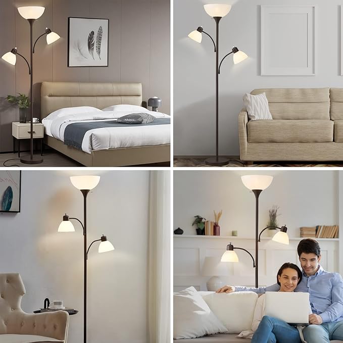Luvkczc Floor Lamps for Living Room, 72" Tall Standing Lamp, Torchiere Lamp with 2 Reading Lamps, Industrial Bright Floor Lamp for Bedroom, Office, Dresser, Brown Lamps, 3 LED Bulbs Included
