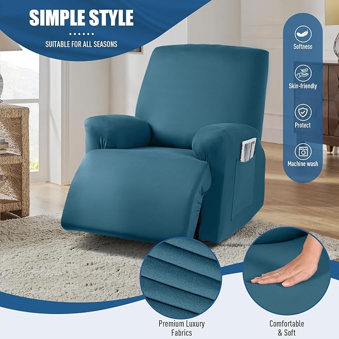 TAOCOCO Recliner Chair Covers 4-Pieces for Oversized Recliner, Stretch Recliner Cover for Large Chair Washable Polyester Soft Fabric Furniture Protector(Oversized Recliner, Turquoise Blue)