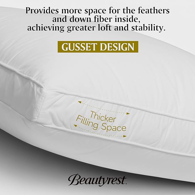 Beautyrest Goose Feather Down Fiber Gusseted Pillows, Hotel Pillow Luxury Bed Pillows, 100% Cotton Cover, Jumbo Size Set of 2